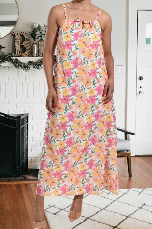 Yellow Floral Strappy Maxi Tie Dress