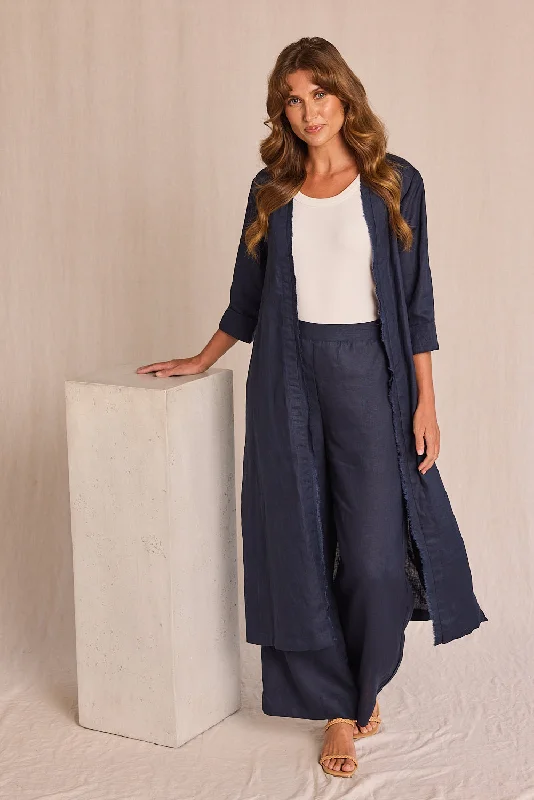 Long Line Fringed Linen Duster Jacket in Navy