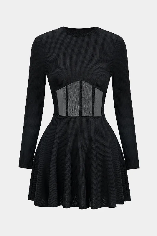 Mesh Patchwork Round-Neck Long Sleeve Mini Dress