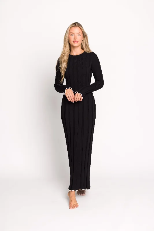 Bentley Ribbed Knit Maxi Dress with Long Sleeves in Black with White Trim - Bump Friendly