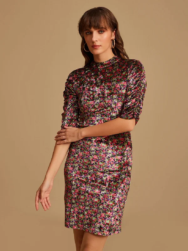 Printed Velvet Mini Dress With Ruching