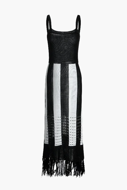 Color Block Print Knit Fringe Maxi Dress