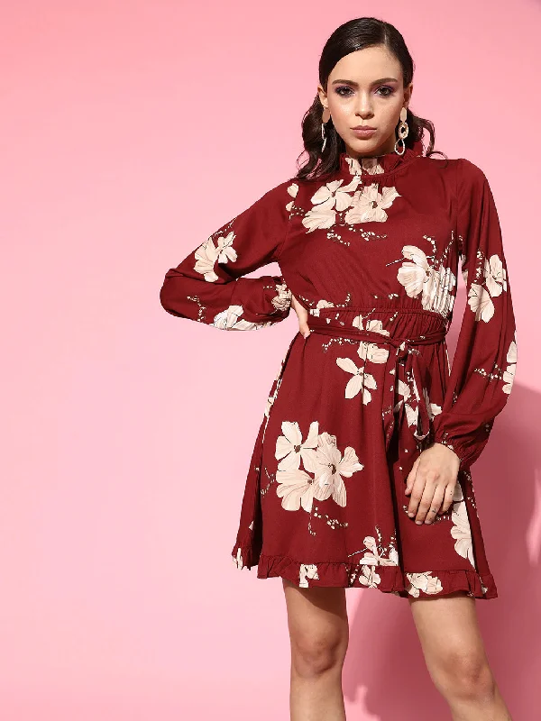 Berrylush Women Maroon & Beige Floral Printed Halter Neck Cutout Tie-Up Crepe Ruffled A-Line Mini Dress