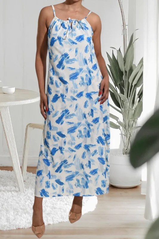 Blue Printed Strappy Maxi Tie Dress