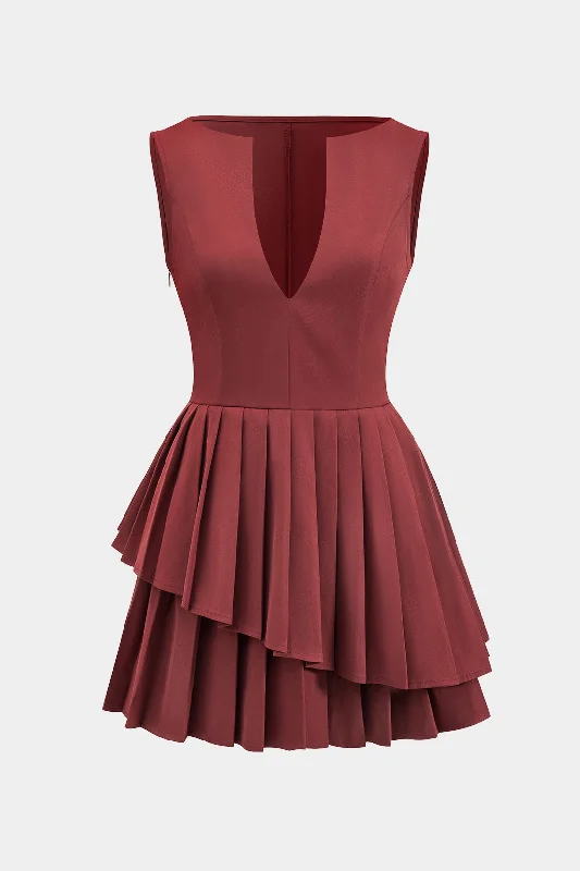 Sleeveless V-neckline Pleated Mini Dress