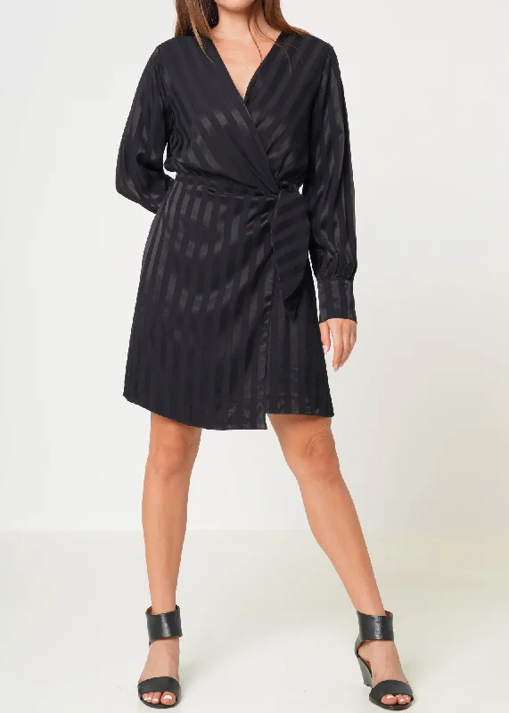 Stripe Satin Long Sleeve Mini Dress in Black