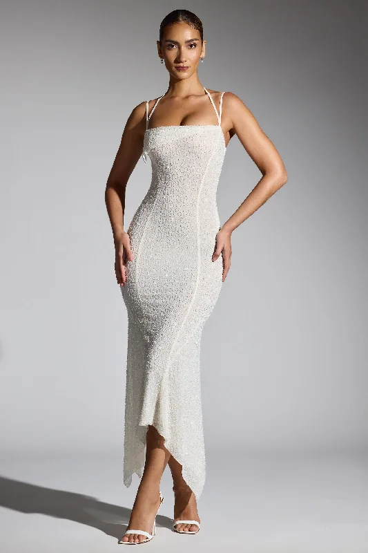 Embellished Handkerchief Hem Maxi Dress in White