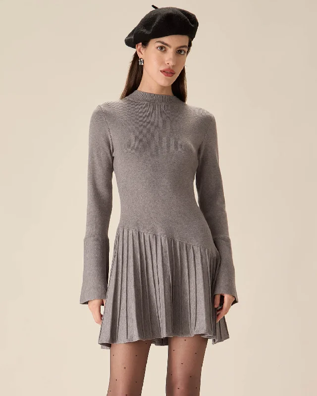 Grey Mock Neck Bell Sleeve Sweater Dress