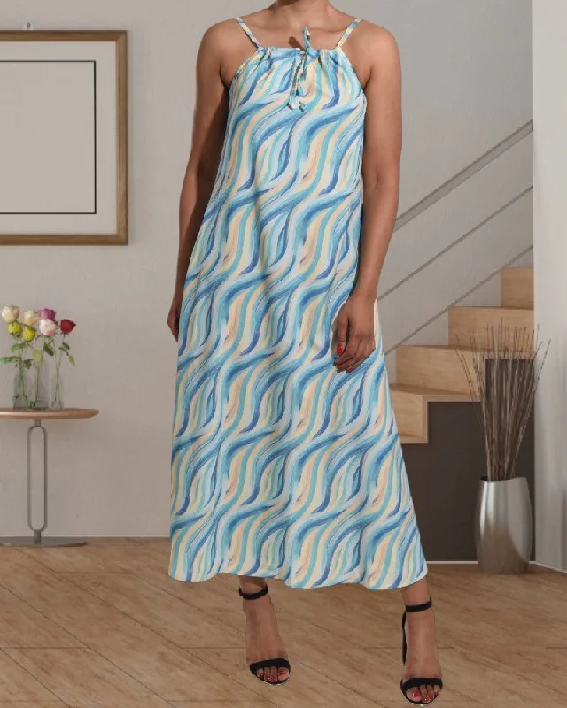 Teal Pattern Strappy Maxi Tie Dress