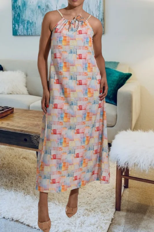 Square Printed Strappy Maxi Tie Dress