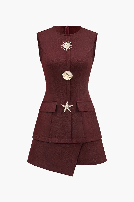 Metallic Button Sleeveless Round Neck Mini Dress