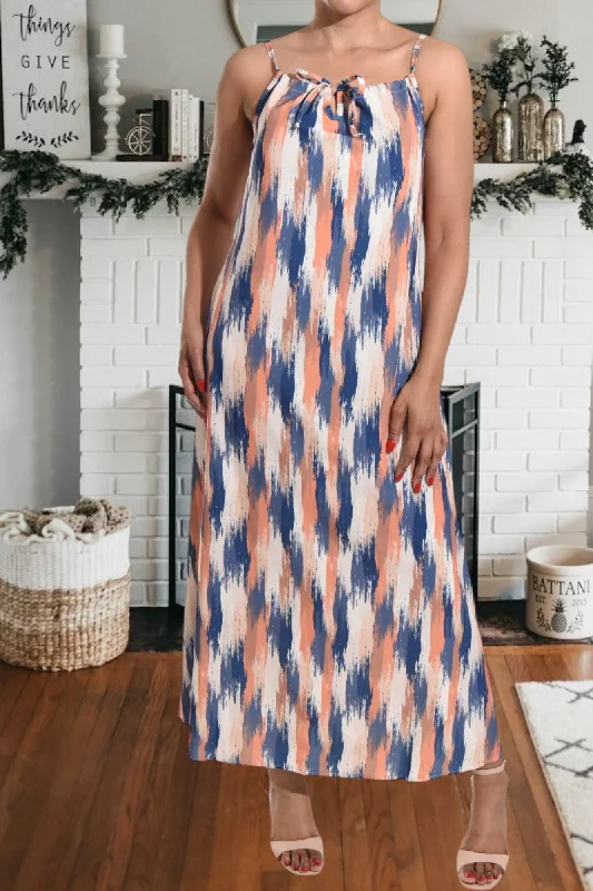 Rust And Teal  Printed Strappy Maxi Tie Dress