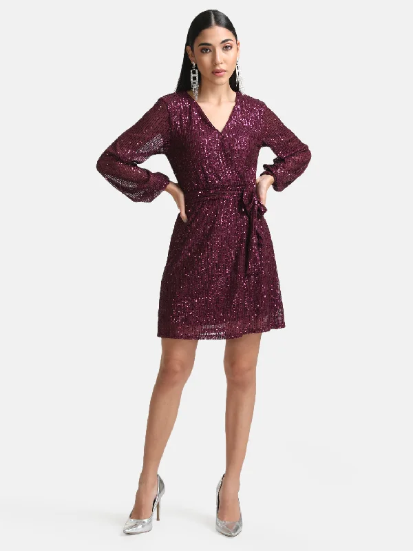 Sequin Overlap Mini Dress With Belt