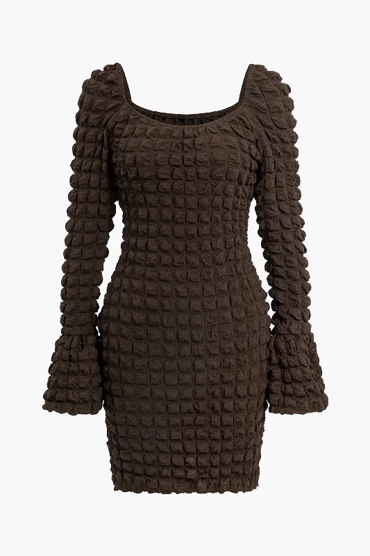 Textured Long Sleeve Bell Sleeves Mini Dress