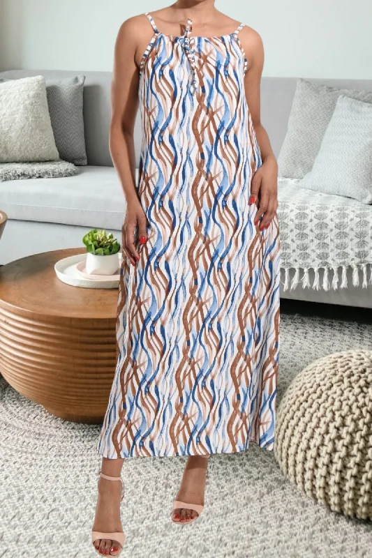 Brown Pattern Strappy Maxi Tie Dress