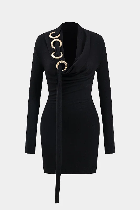 Neck Ring Long Sleeve Mini Dress