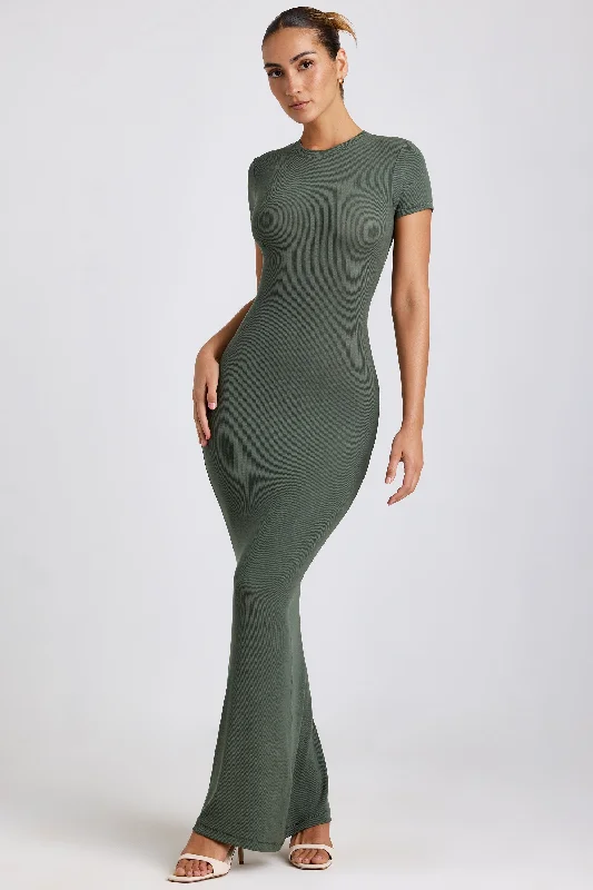 Ribbed Modal Maxi Dress in Khaki Green