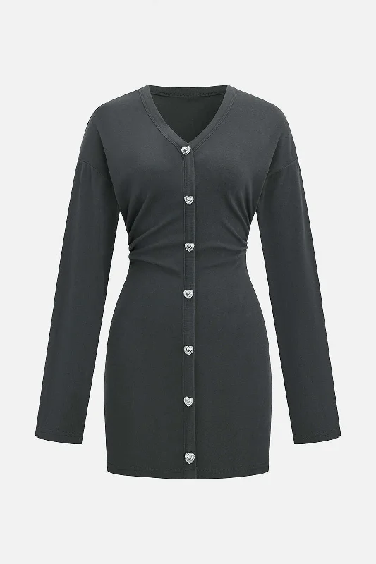 Button V-Neck Long Sleeve Mini Dress