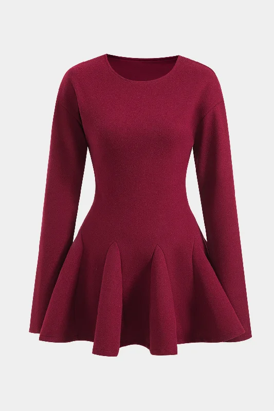 Woolen Round Neck Long Sleeve Puff Mini Dress