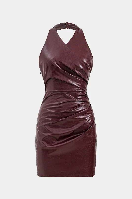 Faux Leather Halter Neck Ruched Sleeveless Mini Dress