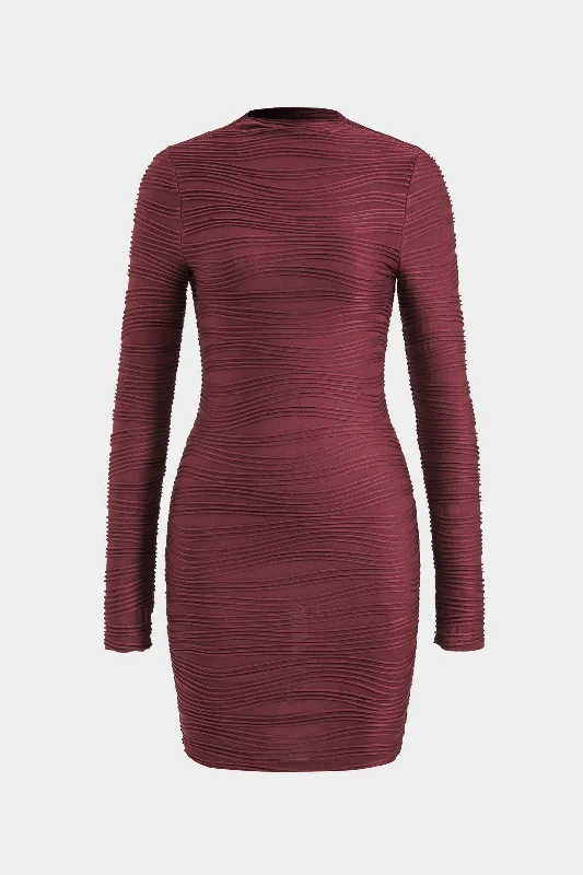 Textured Mock Neck Long Sleeve Mini Dress