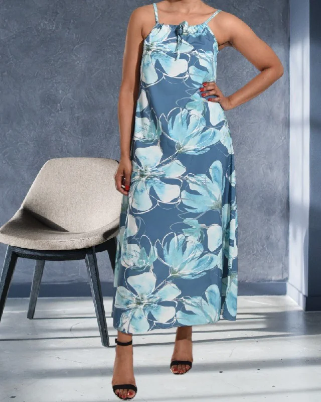 Blue And Grey Strappy Maxi Tie  Dress