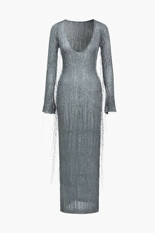 Solid Knit Fringe V-Neck Long Sleeve Maxi Dress