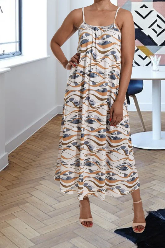 Cream And Brown Printed Strappy Maxi Dress