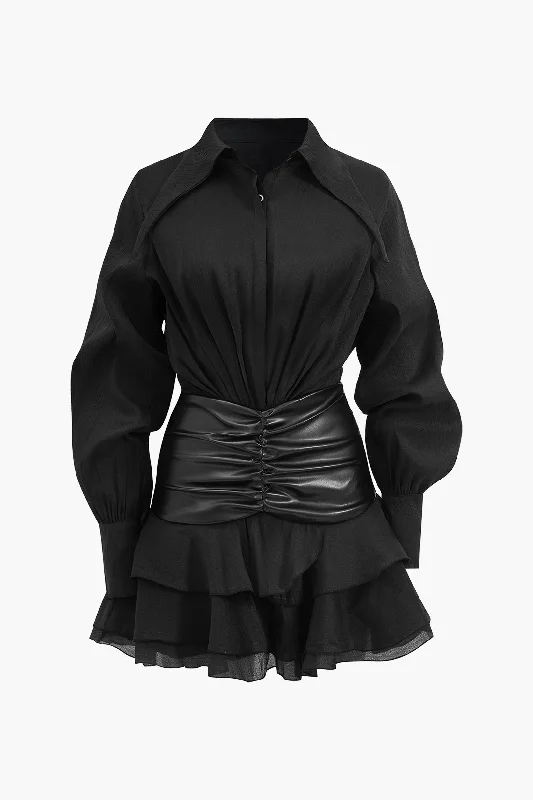 Chiffon Faux Leather Patchwork Ruffle Long Sleeve Mini Dress