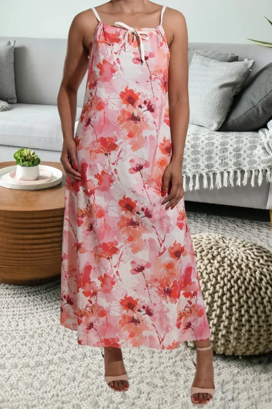 Red Floral Strappy Maxi Tie Dress