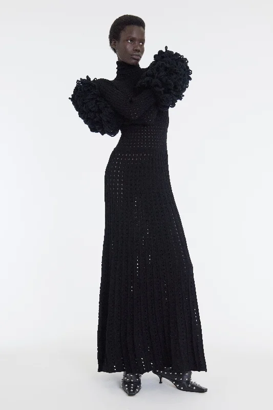 Perforated Knit Maxi Dress With Threaded Cuffs Black