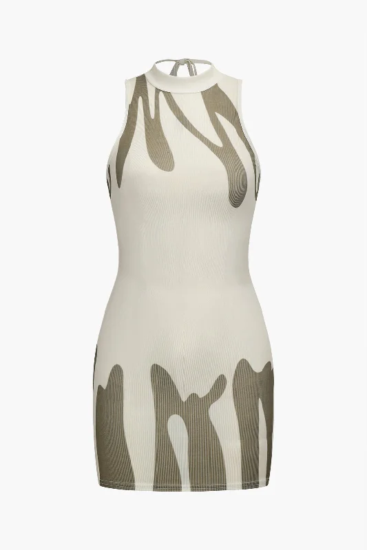 Abstract Print Backless Tie-Up Sleeveless Mini Dress