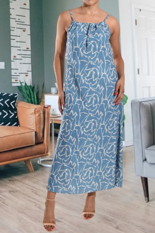 Grey Printed Strappy Maxi Tie Dress