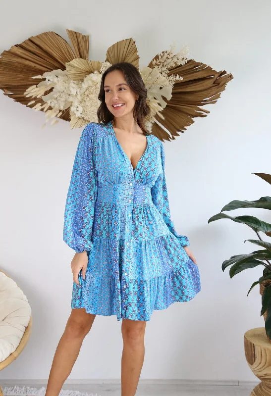 Nhadia Blue Boho Mini Dress