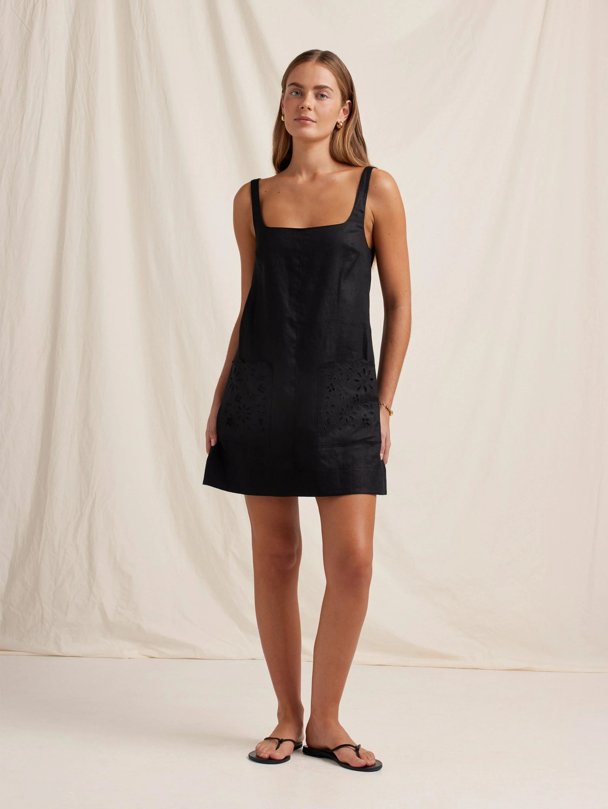 Embroidered Shift Mini Dress - Ebony