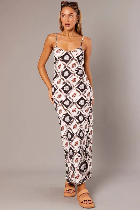 Brown Abstract Maxi Dress Bias Cut Linen Blend