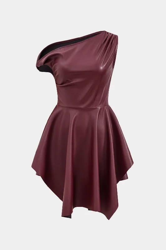 Faux Leather Asymmetrical Neck Mini Dress