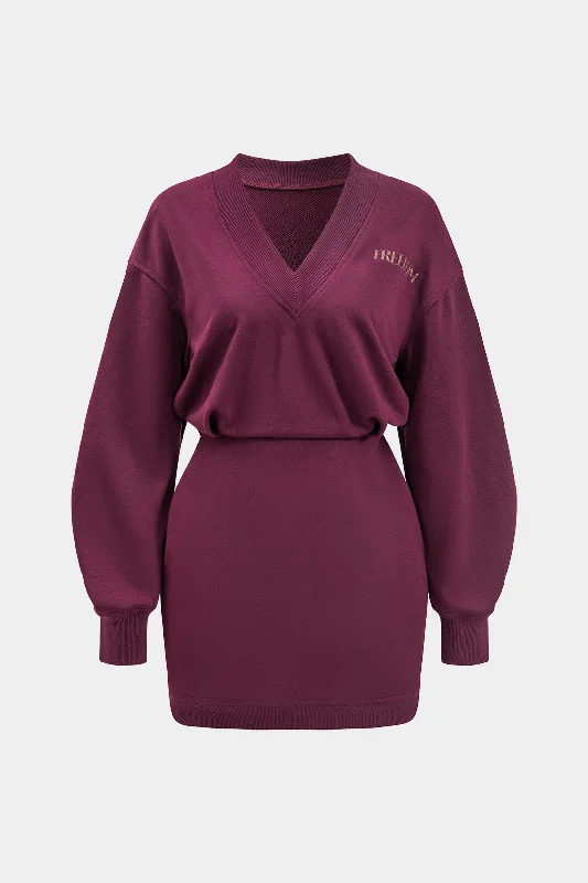 Letter Pattern V-Neck Long Sleeve Mini Dress