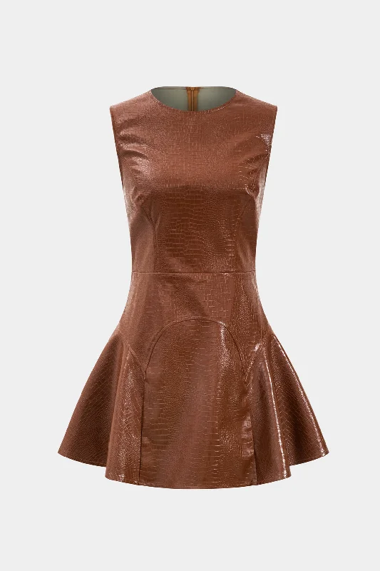 Faux Leather Round Neck Sleeveless Mini Dress