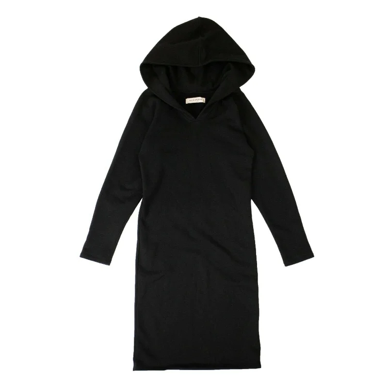 Women's Black Cotton Long Sleeve Hooded Midi Dress