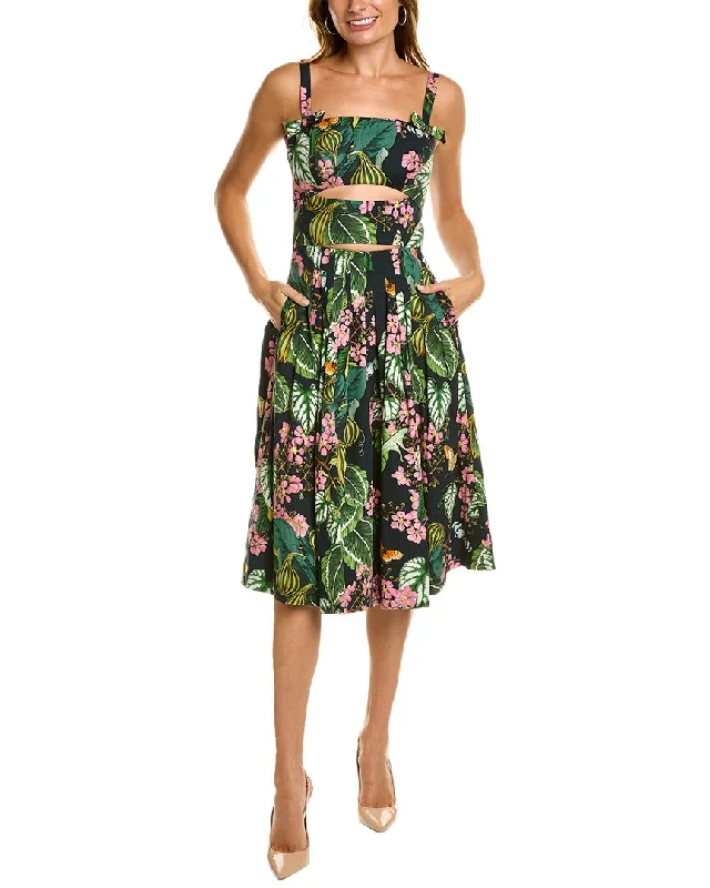 Oscar de la Renta Cutout Mixed Botanical Midi Dress