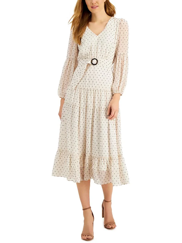 Petites Womens Chiffon Long Sleeves Midi Dress