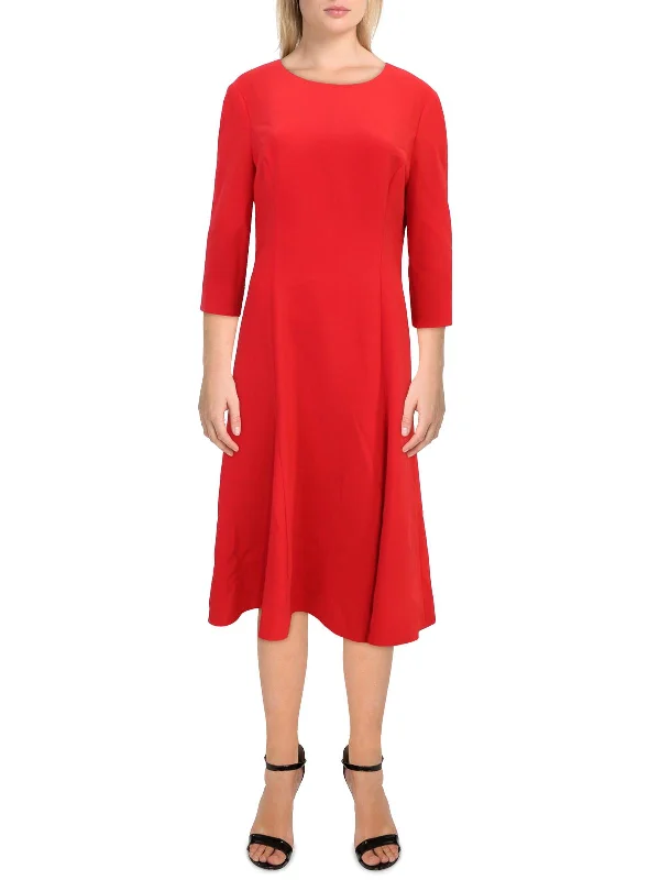 Womens Flared Three-Quarter Sleeve Midi Dress