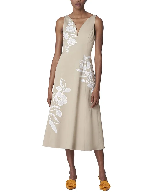 Carolina Herrera Embroidered V-Neck Midi Dress