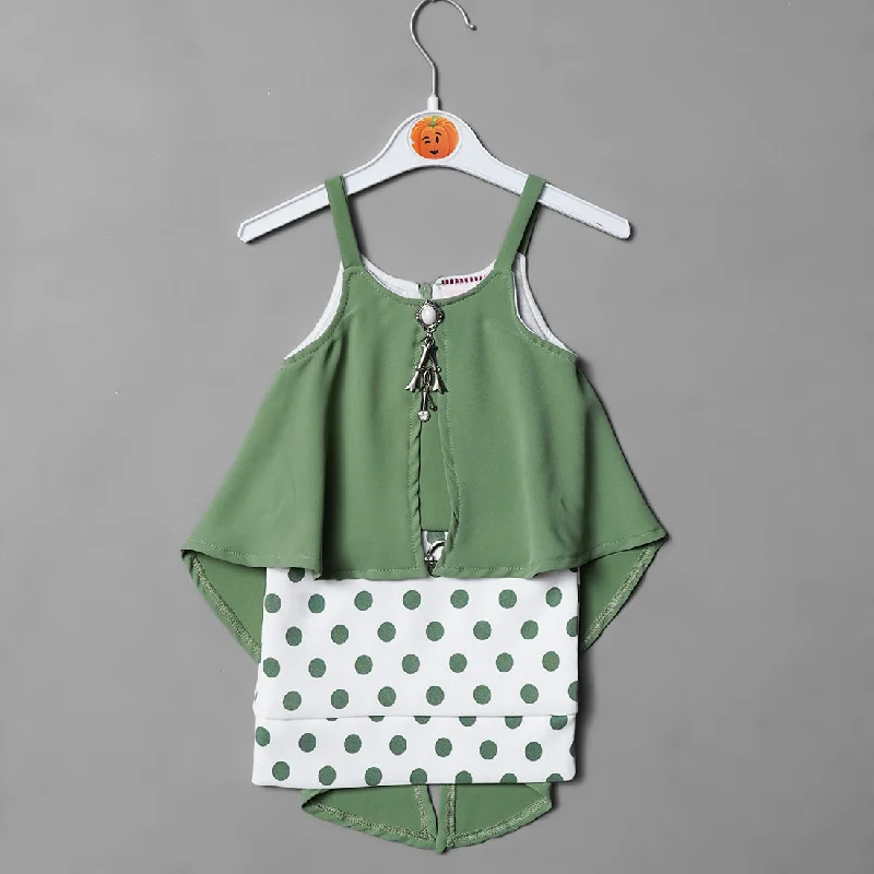 Green White Two Pcs Girls Midi