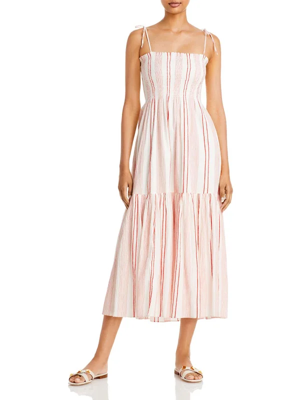 Womens Smocked Striped Midi Dress