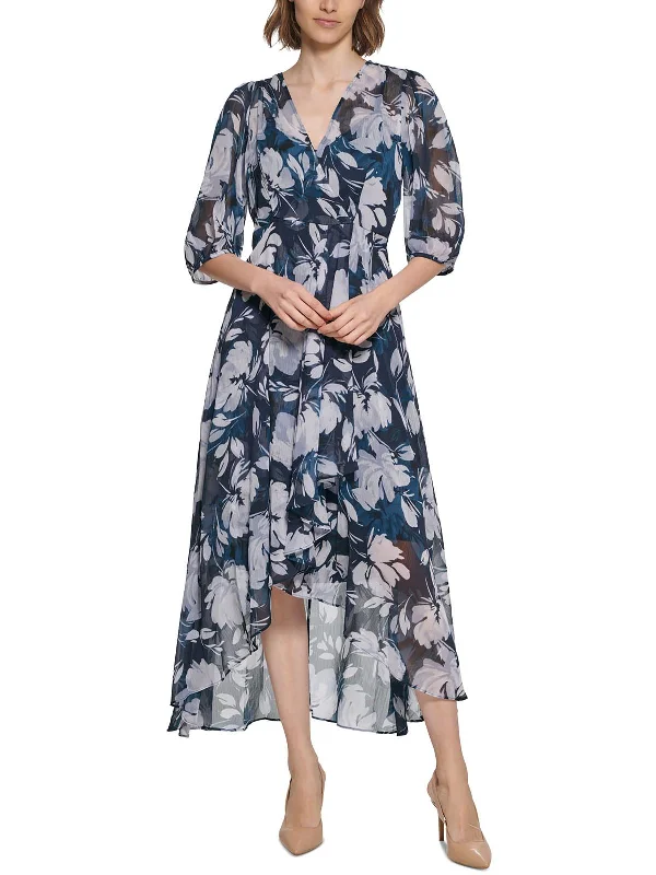 Womens Floral High Low Midi Dress