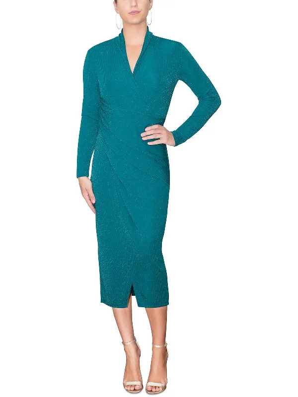 Womens Faux Wrap Midi Cocktail and Party Dress