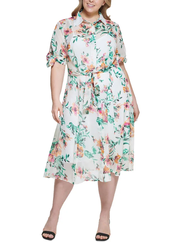 Plus Womens Printed Midi Shirtdress