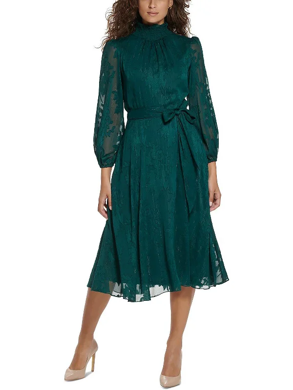 Womens Jacquard Smocked Midi Dress